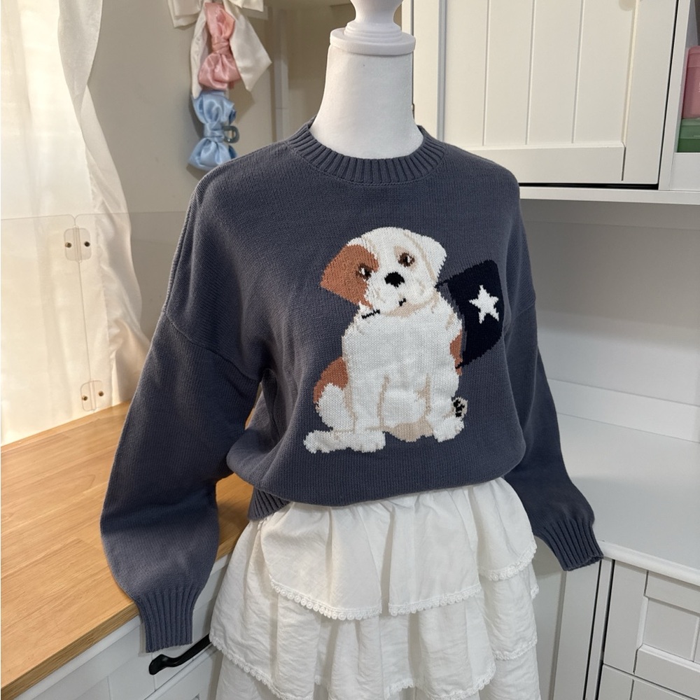 Hollister Navy Blue Puppy Crewneck Sweater Size XS